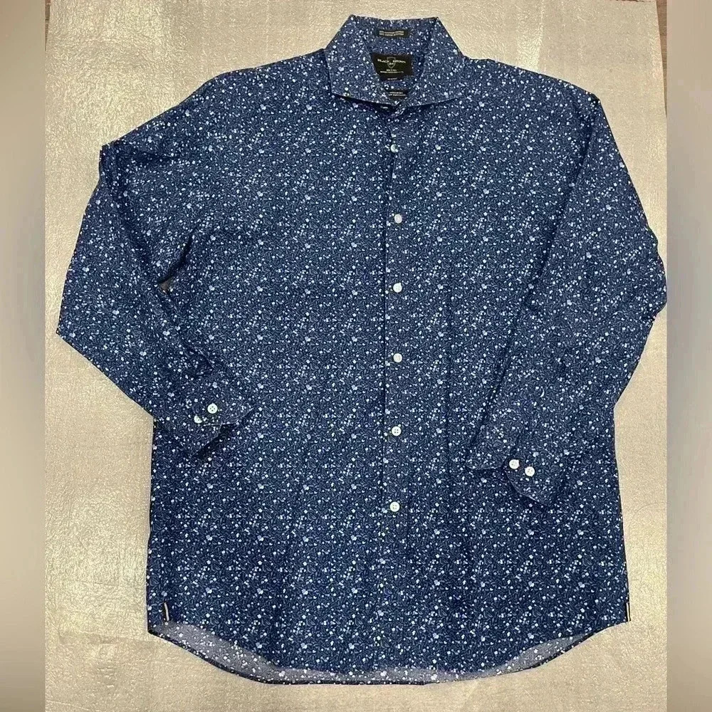 [16.5/41]Black  Brown 80s 2-Ply Fitted Non Iron Blue Floral Dress Shirt
